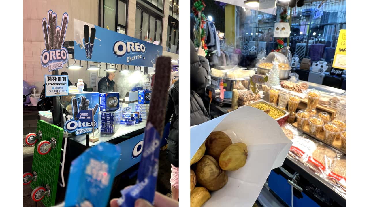 韓國明洞商圈:Oreo吉拿棒、糖炒栗子